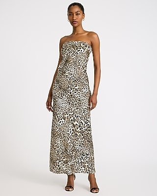 Satin Leopard Strapless Maxi Dress