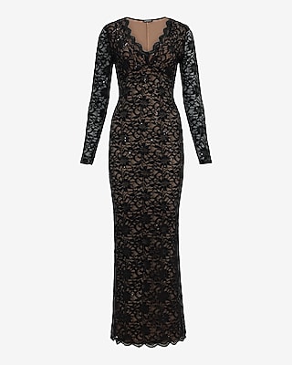 Sequin Lace V-Neck Long Sleeve Maxi Dress