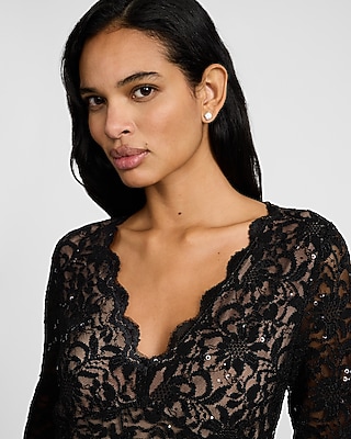 Sequin Lace V-Neck Long Sleeve Maxi Dress