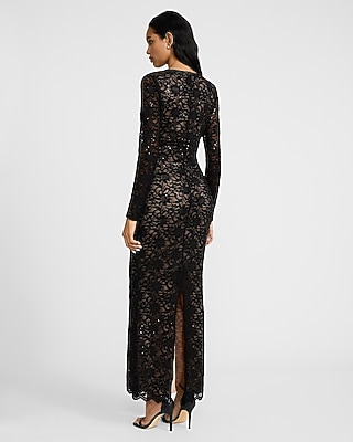 Sequin Lace V-Neck Long Sleeve Maxi Dress