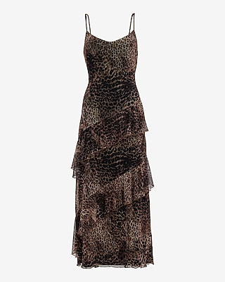 Leopard Mesh Scoop Neck Sleeveless Ruffle Midi Dress