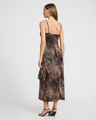 Leopard Mesh Scoop Neck Sleeveless Ruffle Midi Dress