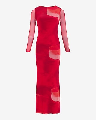 express long sleeve maxi dress Printed Mesh Crew Neck Long Sleeve Maxi Dress
