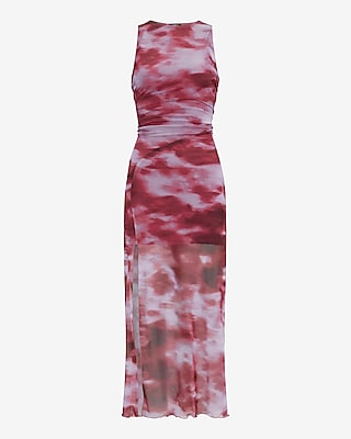 Printed Mesh Crew Neck Sleeveless Ruched Midi Dress - image 4