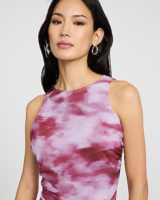 Printed Mesh Crew Neck Sleeveless Ruched Midi Dress - image 2