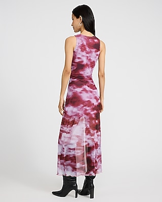 Printed Mesh Crew Neck Sleeveless Ruched Midi Dress - image 3