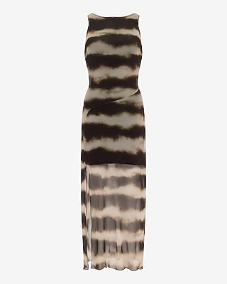 Printed Mesh Crew Neck Sleeveless Ruched Midi Dress