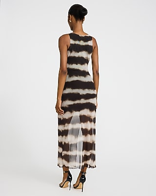 Printed Mesh Crew Neck Sleeveless Ruched Midi Dress