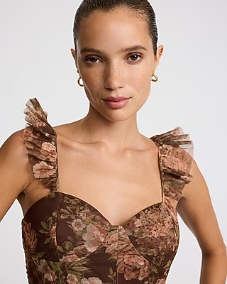 Floral Mesh Sweetheart Flutter Sleeve Ruffle Tiered Maxi Dress
