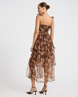 Floral Mesh Sweetheart Flutter Sleeve Ruffle Tiered Maxi Dress