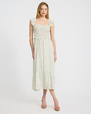 Striped Square Neck Flutter Sleeve Smocked Tiered Midi Dress