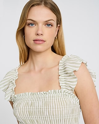Striped Square Neck Flutter Sleeve Smocked Tiered Midi Dress