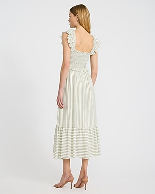 Striped Square Neck Flutter Sleeve Smocked Tiered Midi Dress