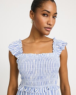park avenue flutter sleeve side split midi dress ivory Striped Square Neck Smocked Tiered Due_for_release