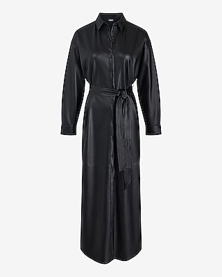 Faux Leather Belted Midi Long Sleeve Shirt Dress | Express