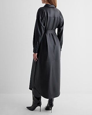 Faux Leather Belted Midi Long Sleeve Shirt Dress | Express