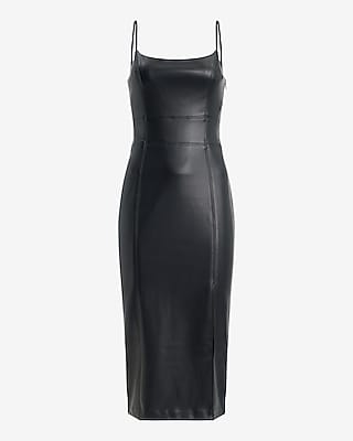 Faux Leather Scoop Neck Seamed Midi Sheath Dress