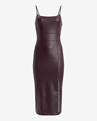 Faux Leather Scoop Neck Seamed Midi Sheath Dress