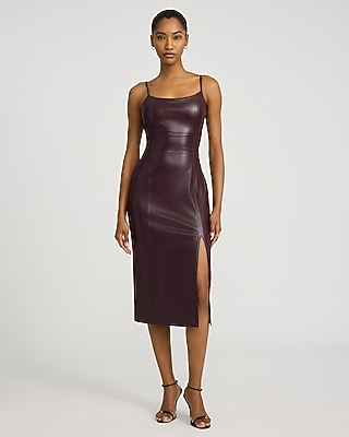 Faux Leather Scoop Neck Seamed Midi Sheath Dress