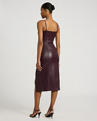 Faux Leather Scoop Neck Seamed Midi Sheath Dress