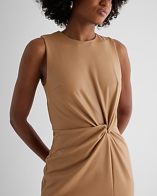 Body Contour Faux Leather Twist Front Midi Sheath Dress
