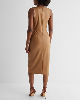 Body Contour Faux Leather Twist Front Midi Sheath Dress