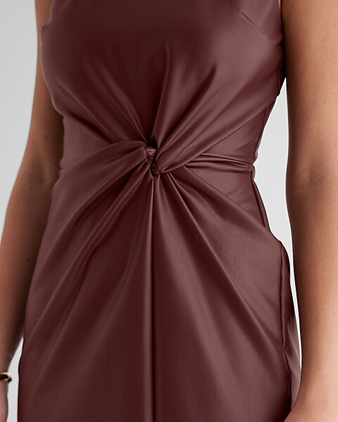 Express Formal,Work Body Contour Faux Leather Twist Front Midi Dress With  Built-In Shapewear