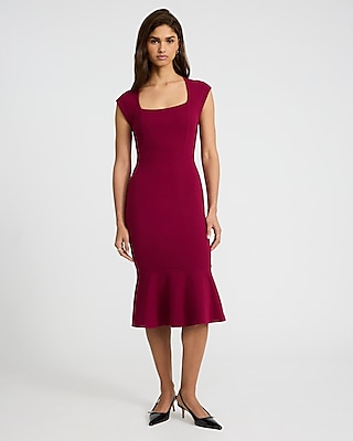 Square Neck Cap Sleeve Midi Sheath Dress