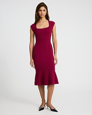 Square Neck Cap Sleeve Midi Sheath Dress
