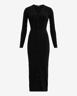 Ribbed Knit Long Sleeve Button Down Midi Dress