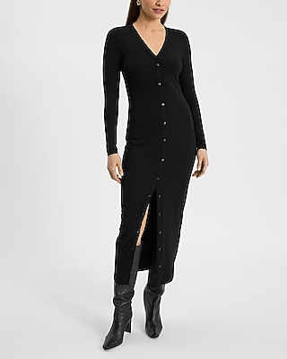 Ribbed Knit Long Sleeve Button Down Midi Dress