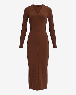 Ribbed Knit Long Sleeve Button Down Midi Dress