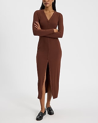 Ribbed Knit Long Sleeve Button Down Midi Dress