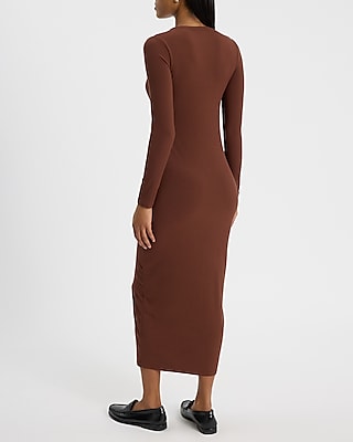 Ribbed Knit Long Sleeve Button Down Midi Dress