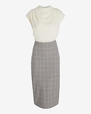 Color Block Mock Neck Cap Sleeve Draped Midi Dress