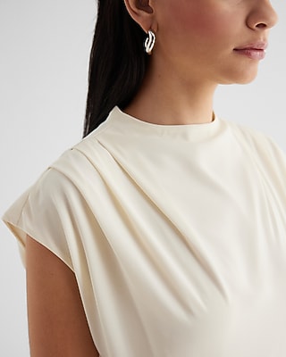 Color Block Mock Neck Cap Sleeve Draped Midi Dress