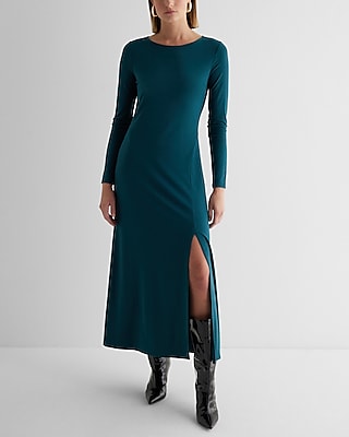 Boat Neck Long Sleeve Side Slit Maxi Dress