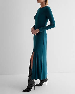 Boat Neck Long Sleeve Side Slit Maxi Dress