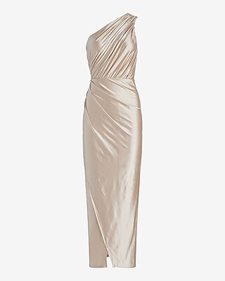 Satin One Shoulder Ruched Maxi Dress Express