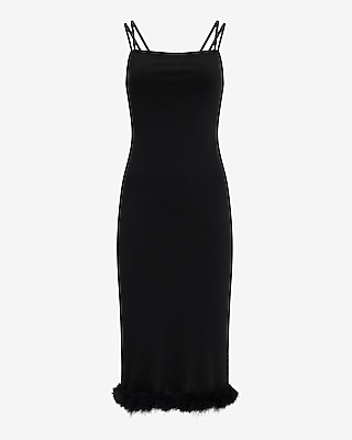 Sleeveless Double Strap Feather Hem Midi Sheath Dress