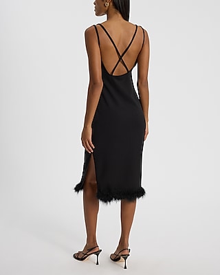 Sleeveless Double Strap Feather Hem Midi Sheath Dress