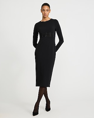 Crepe Crew Neck Long Sleeve Tie Wrap Mini Sheath Dress