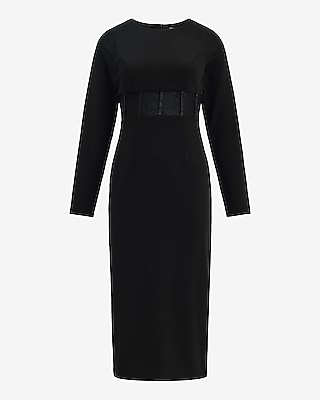 Crepe Crew Neck Long Sleeve Mesh Corset Midi Dress
