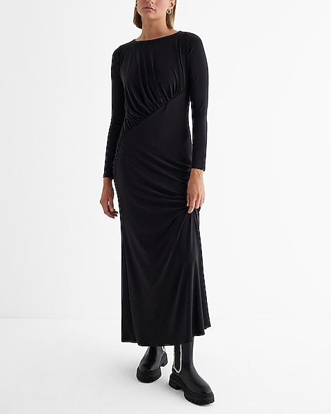 boat neck long sleeve dresses Rib-Knit Boat-Neck Long-Sleeve Maxi Dress in Chocolate Brown - M Available in A Ribbed Knit Boat Neck Long