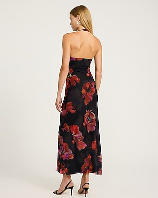 Floral Mesh Halter Cowl Neck Maxi Sheath Dress - thumbnail 3