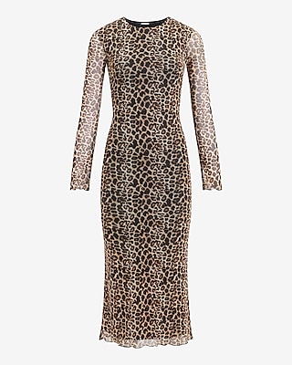 Leopard Mesh Crew Neck Long Sleeve Maxi Dress