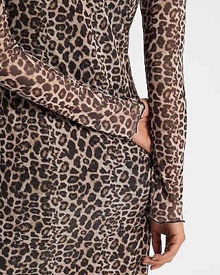 Leopard Mesh Crew Neck Long Sleeve Maxi Dress