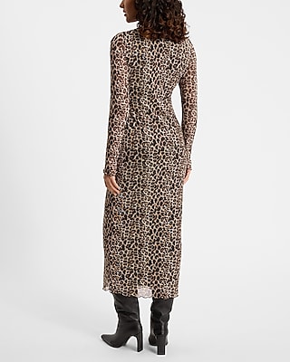 Leopard Mesh Crew Neck Long Sleeve Maxi Dress