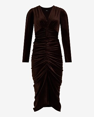 Velvet V-Neck Puff Sleeve Ruched Midi Sheath Dress