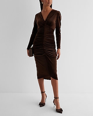 Velvet V-neck Puff Sleeve Ruched Midi Sheath Dress | Express